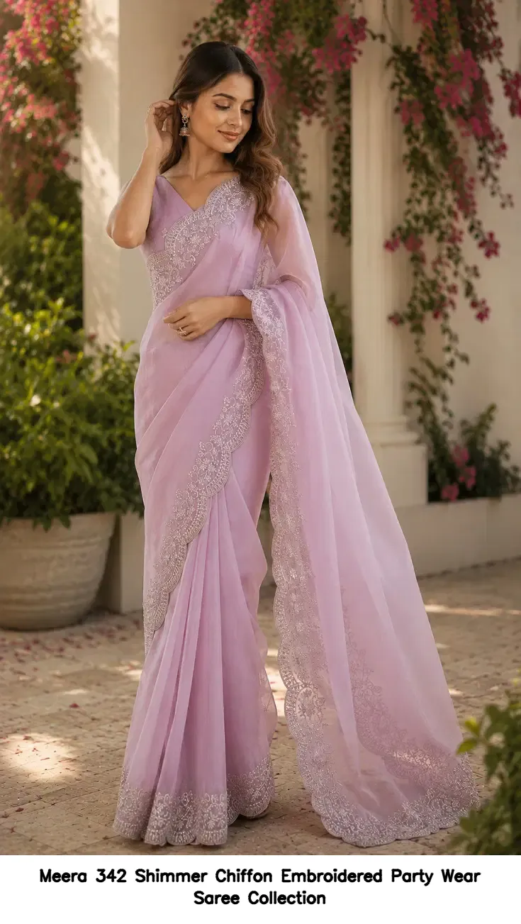 Meera 342 Shimmer Chiffon Embroidered Party Wear Saree Collection