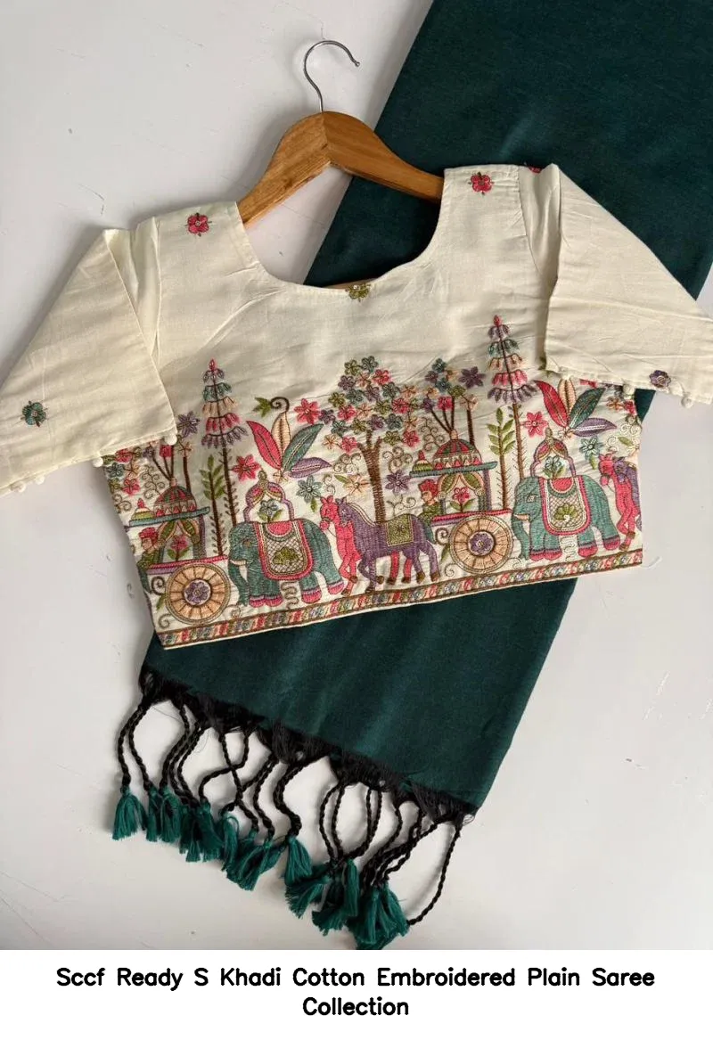 Sccf Ready S Khadi Cotton Embroidered Plain Saree Collection - Image 10