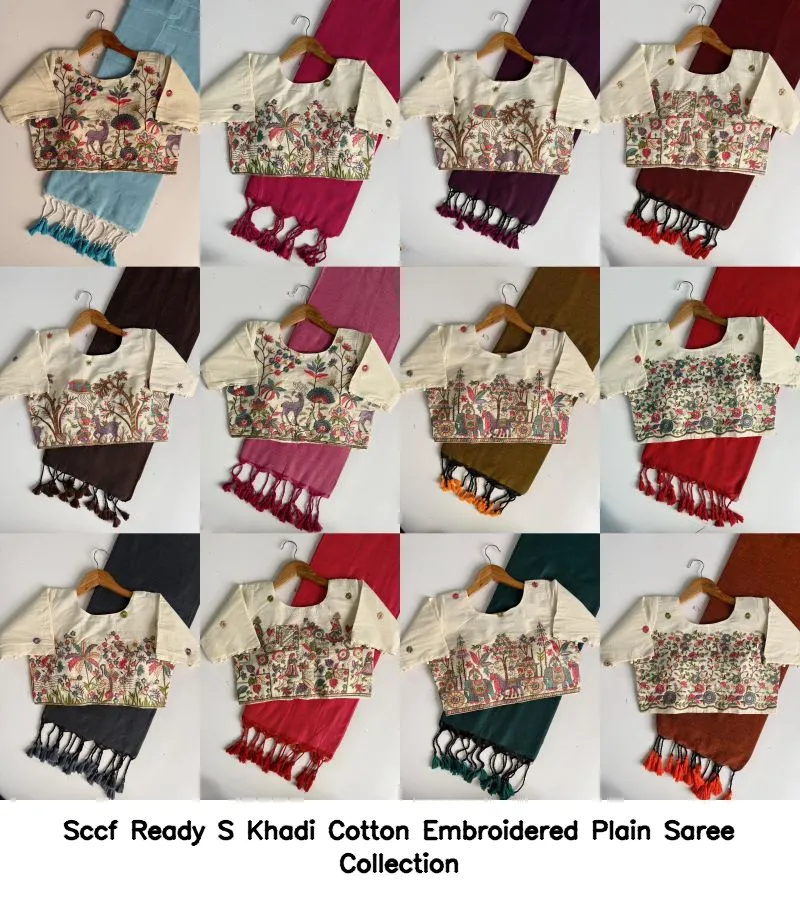 Sccf Ready S Khadi Cotton Embroidered Plain Saree Collection - Image 12