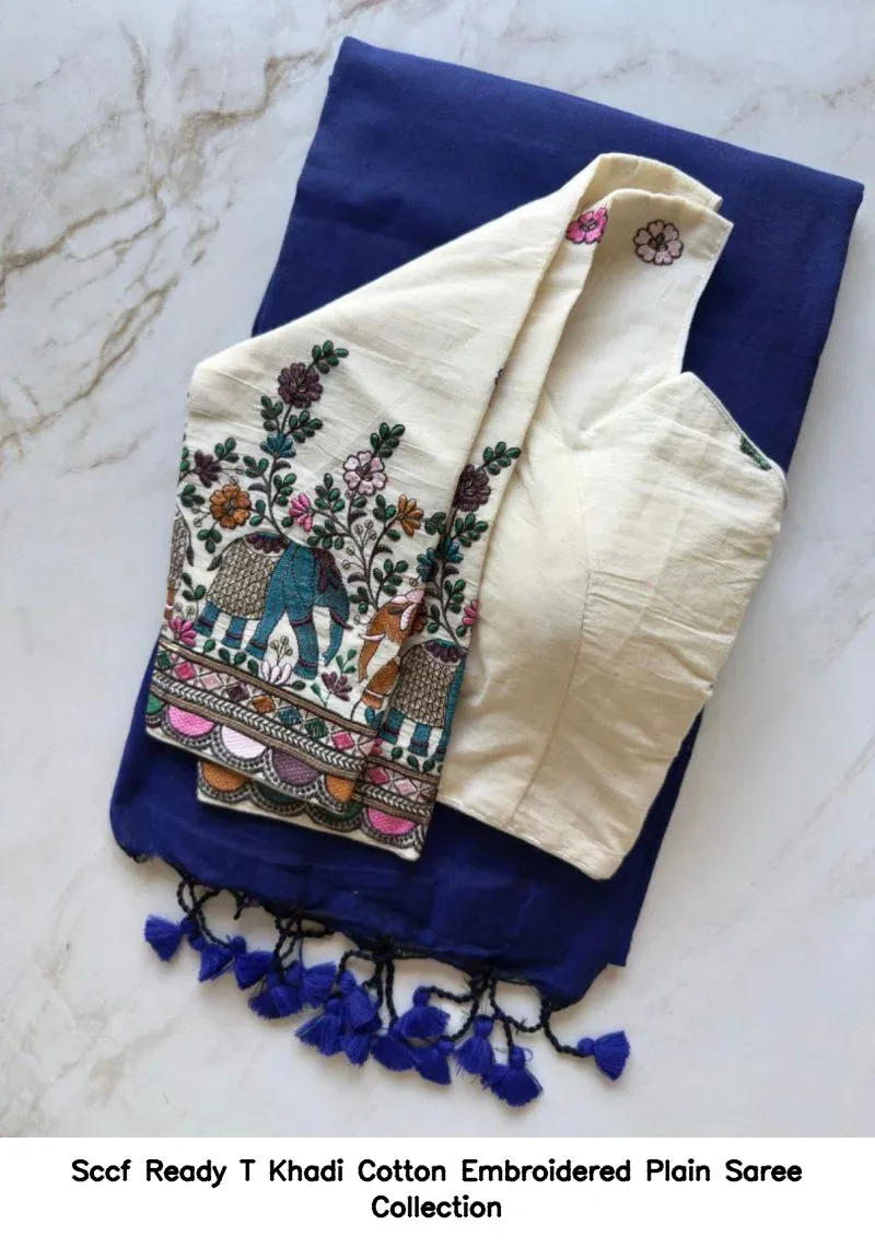 Sccf Ready T Khadi Cotton Embroidered Plain Saree Collection - Image 10