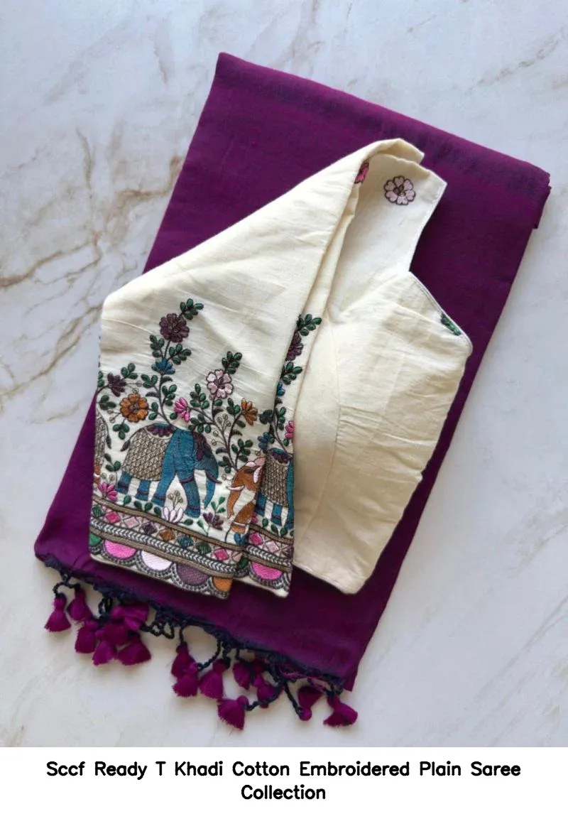 Sccf Ready T Khadi Cotton Embroidered Plain Saree Collection - Image 13