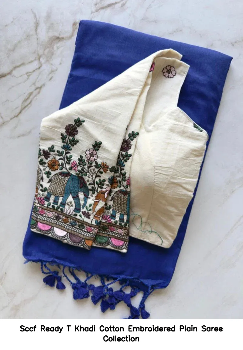 Sccf Ready T Khadi Cotton Embroidered Plain Saree Collection - Image 14