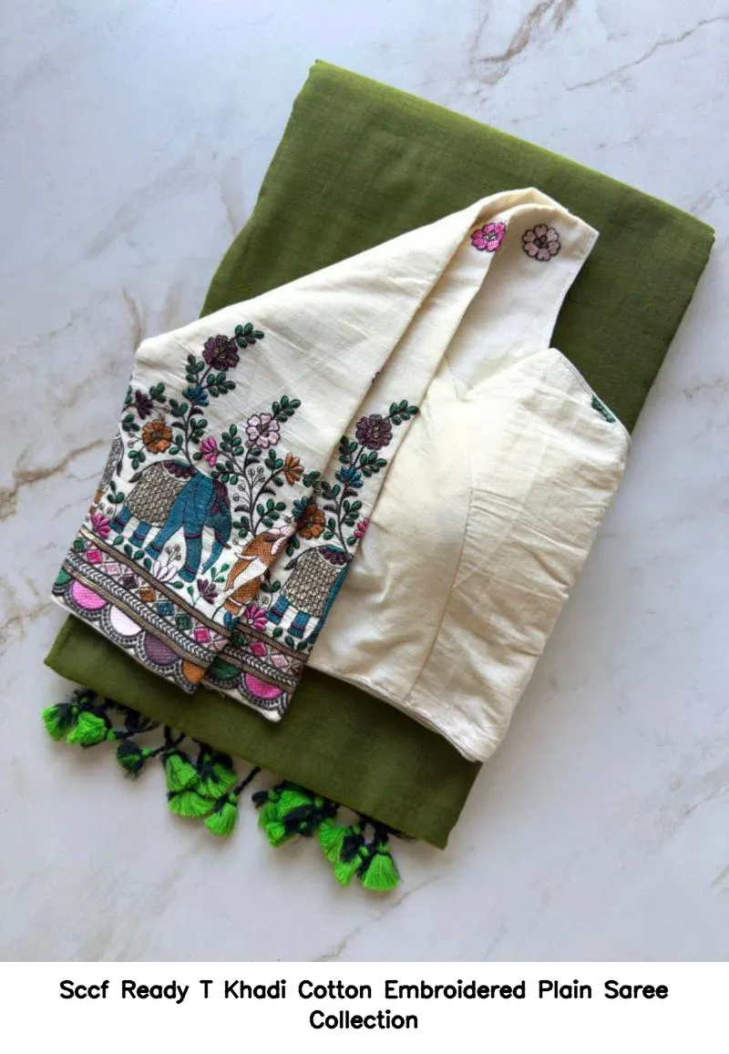 Sccf Ready T Khadi Cotton Embroidered Plain Saree Collection - Image 2