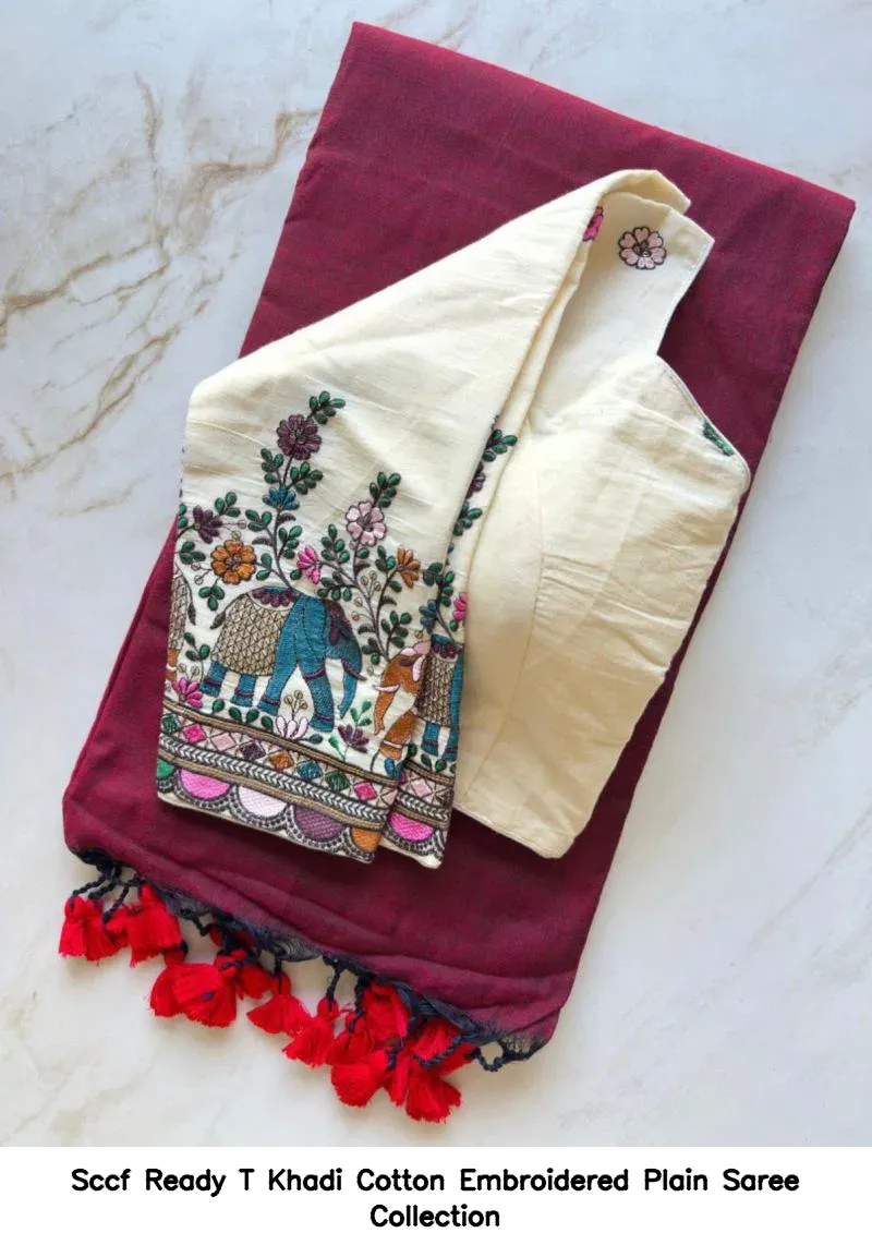 Sccf Ready T Khadi Cotton Embroidered Plain Saree Collection - Image 3
