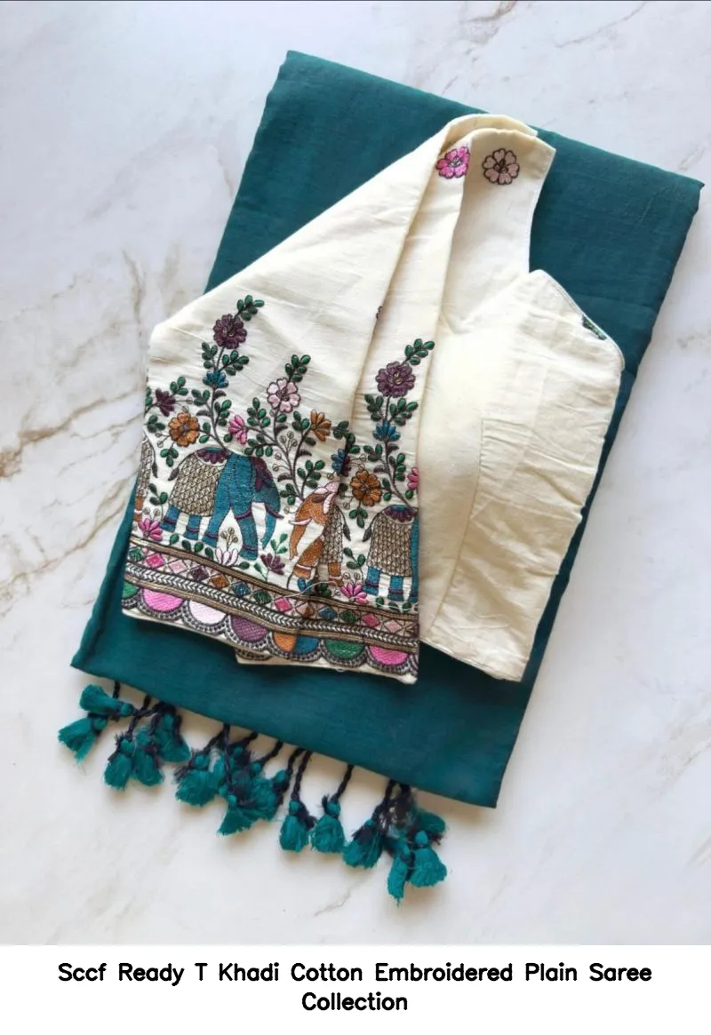 Sccf Ready T Khadi Cotton Embroidered Plain Saree Collection - Image 4