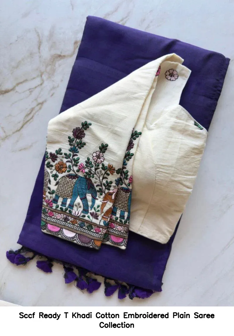 Sccf Ready T Khadi Cotton Embroidered Plain Saree Collection - Image 5