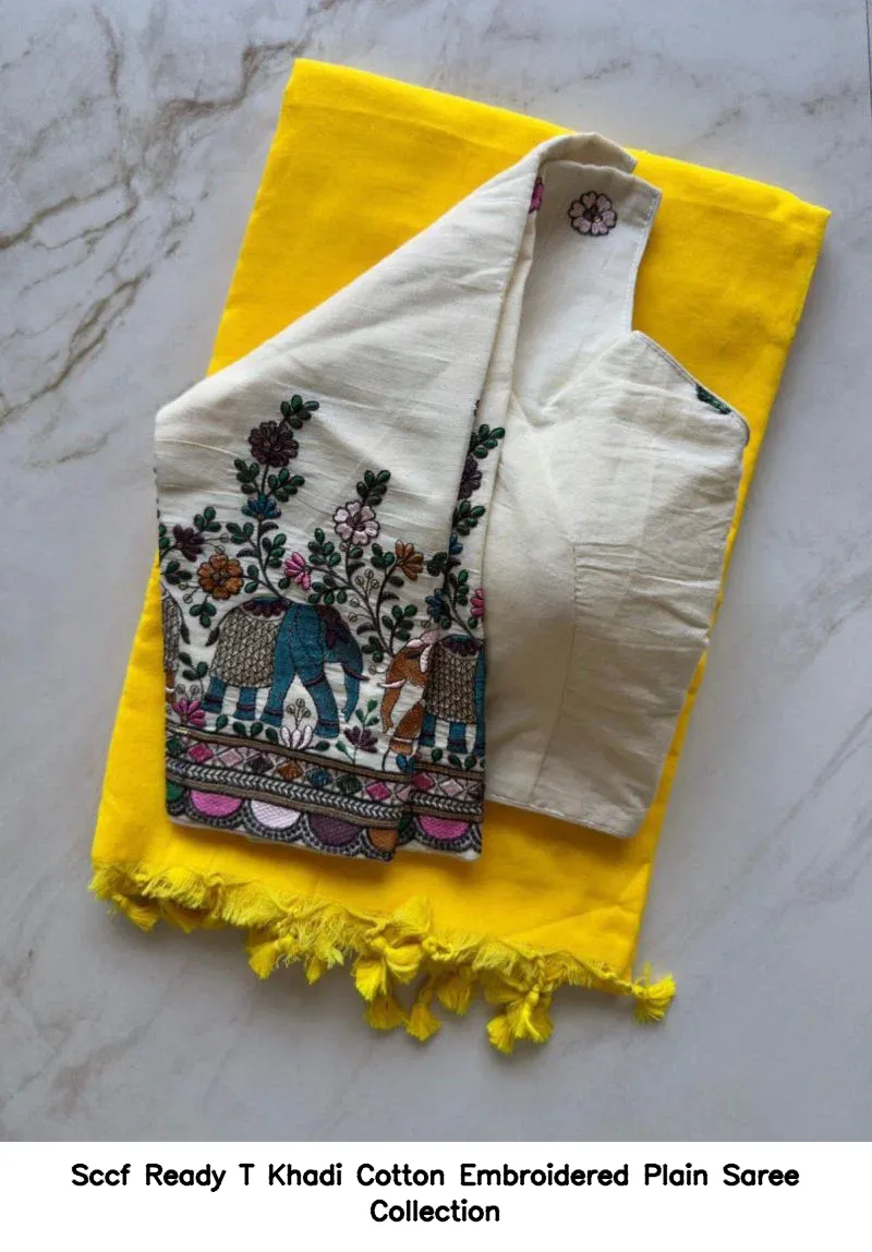 Sccf Ready T Khadi Cotton Embroidered Plain Saree Collection - Image 7