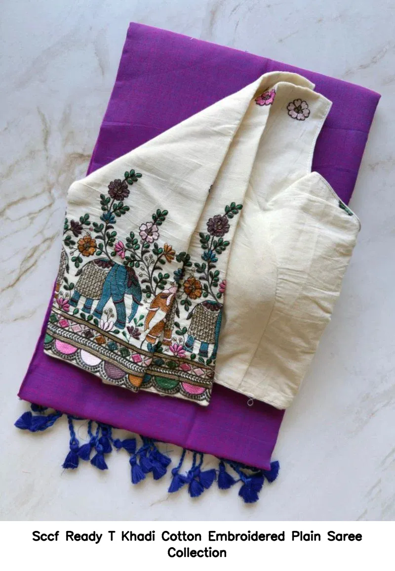 Sccf Ready T Khadi Cotton Embroidered Plain Saree Collection - Image 8