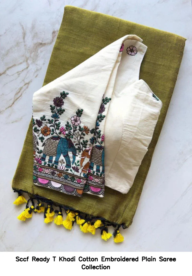 Sccf Ready T Khadi Cotton Embroidered Plain Saree Collection - Image 9