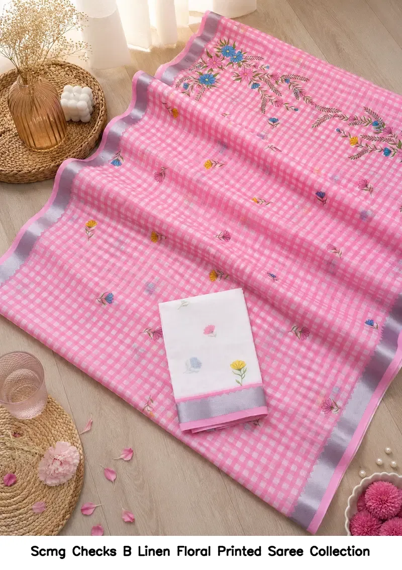 Scmg Checks B Linen Floral Printed Saree Collection