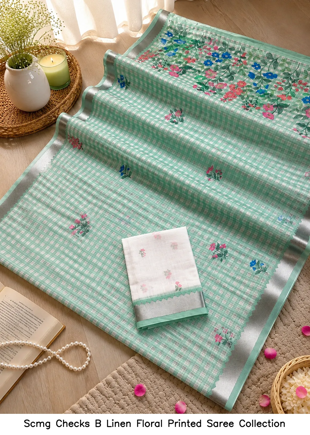 Scmg Checks B Linen Floral Printed Saree Collection - Image 2