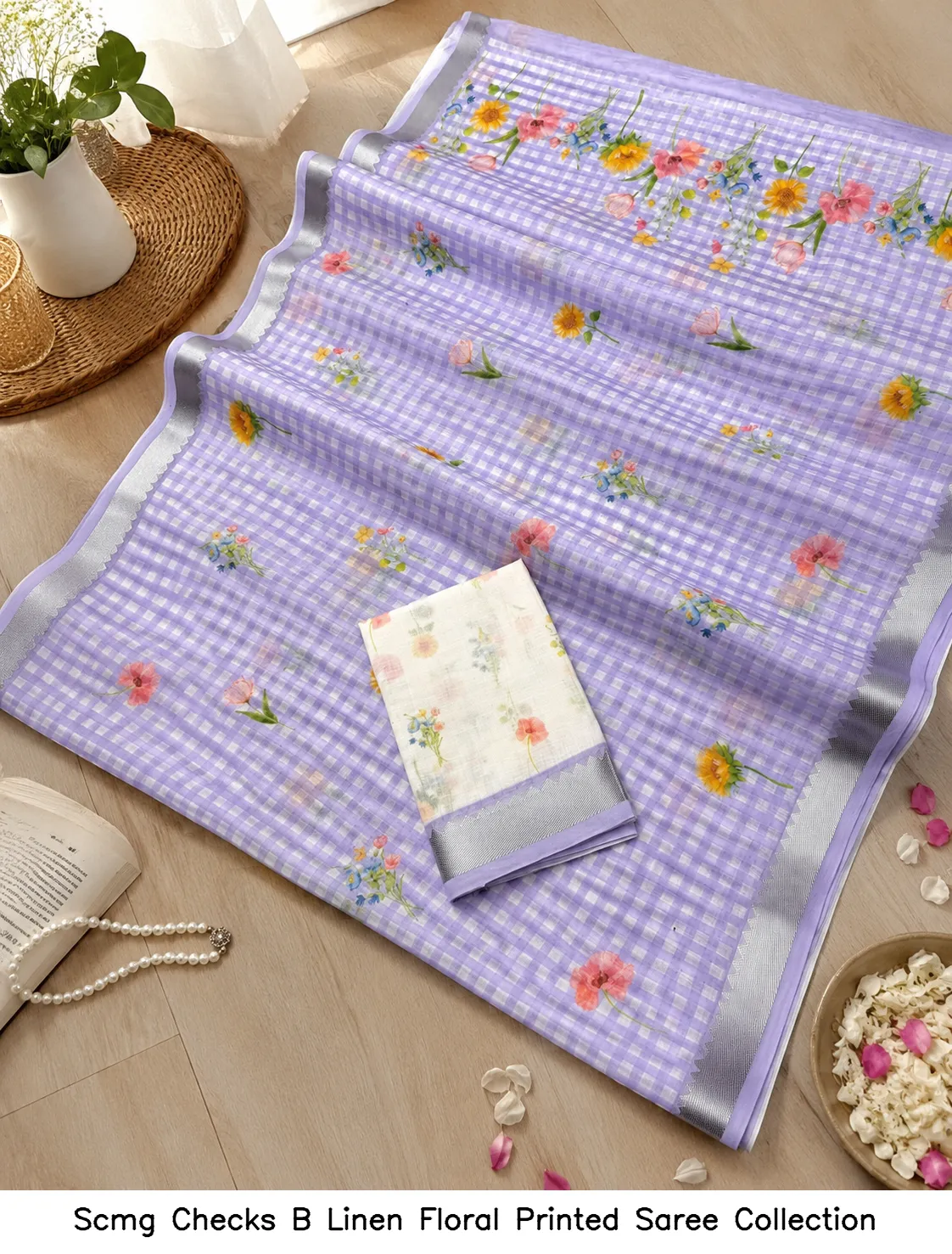 Scmg Checks B Linen Floral Printed Saree Collection - Image 3
