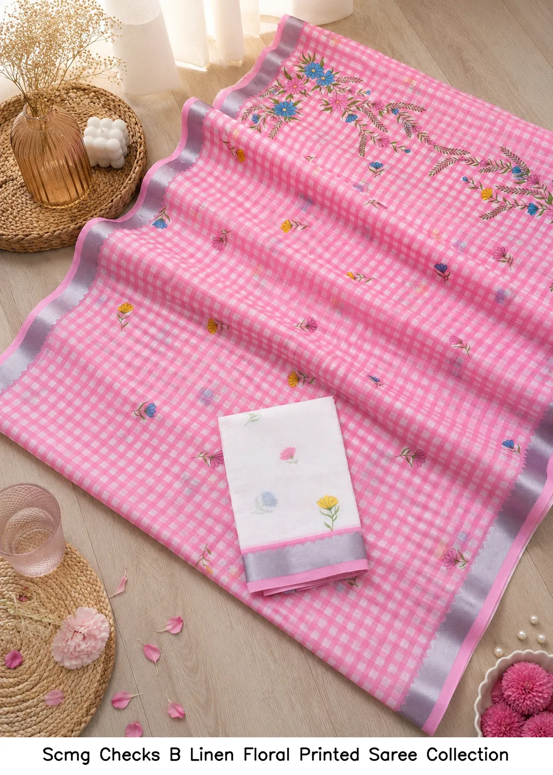 Scmg Checks B Linen Floral Printed Saree Collection - Image 5
