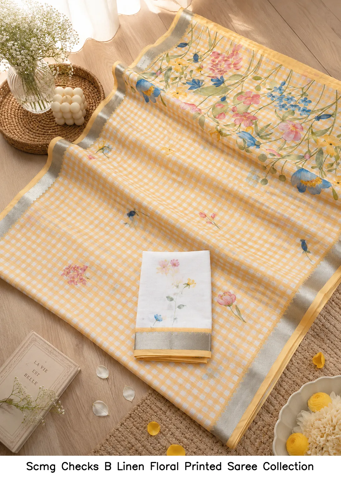 Scmg Checks B Linen Floral Printed Saree Collection - Image 6