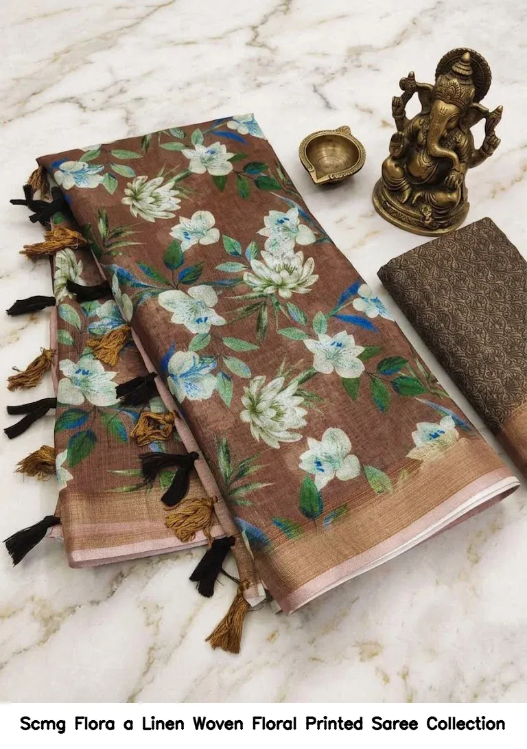 Scmg Flora a Linen Woven Floral Printed Saree Collection