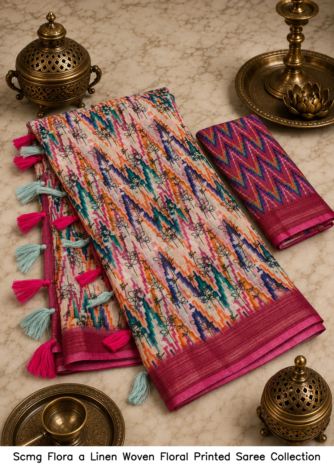 Scmg Flora a Linen Woven Floral Printed Saree Collection - Image 10