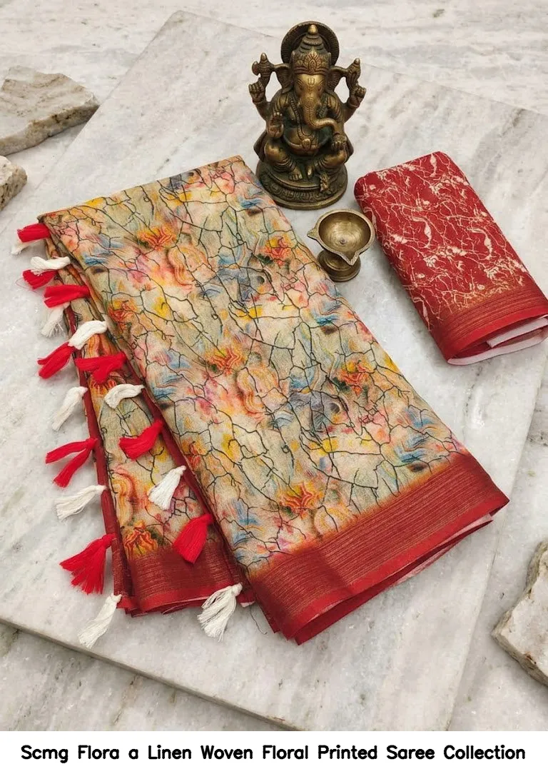 Scmg Flora a Linen Woven Floral Printed Saree Collection - Image 11