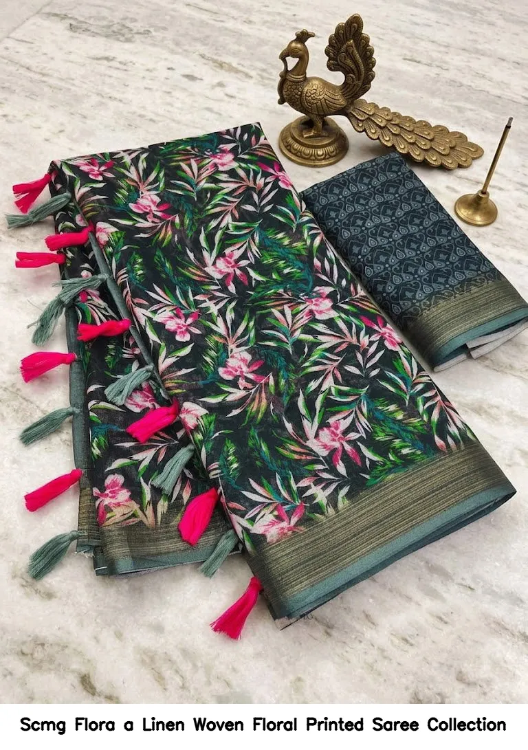 Scmg Flora a Linen Woven Floral Printed Saree Collection - Image 4