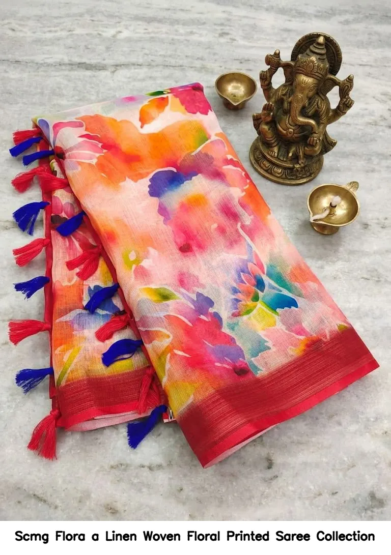 Scmg Flora a Linen Woven Floral Printed Saree Collection - Image 5
