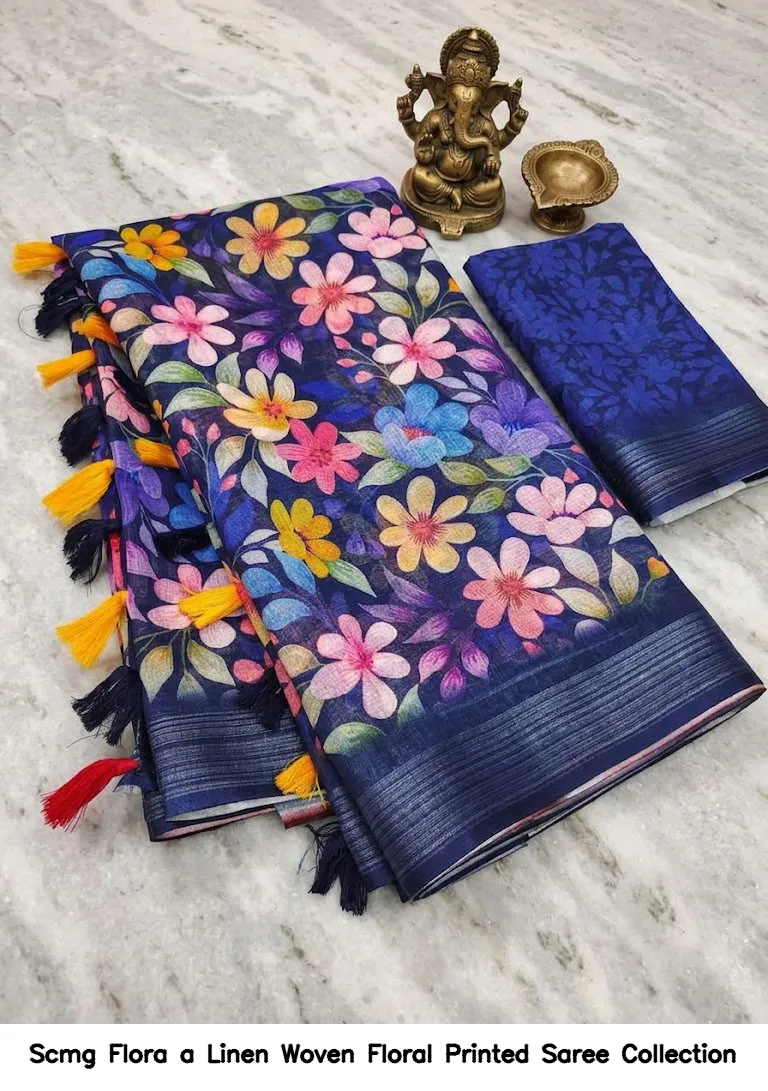 Scmg Flora a Linen Woven Floral Printed Saree Collection - Image 8