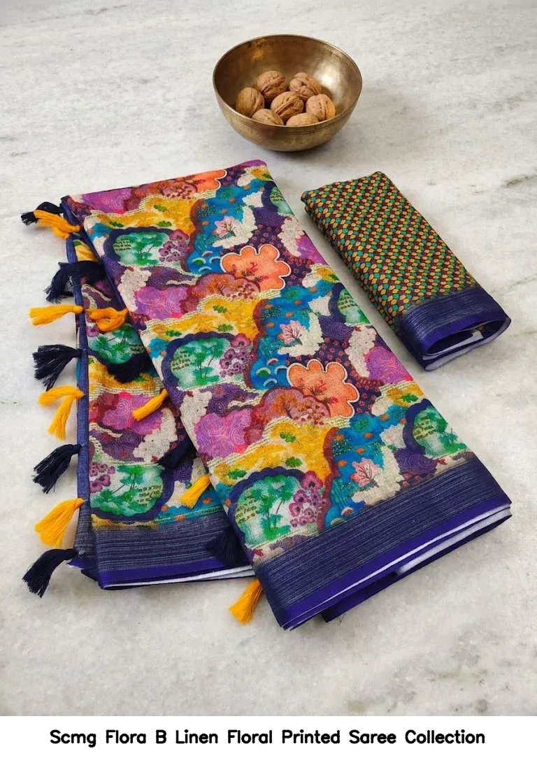 Scmg Flora B Linen Floral Printed Saree Collection - Image 10