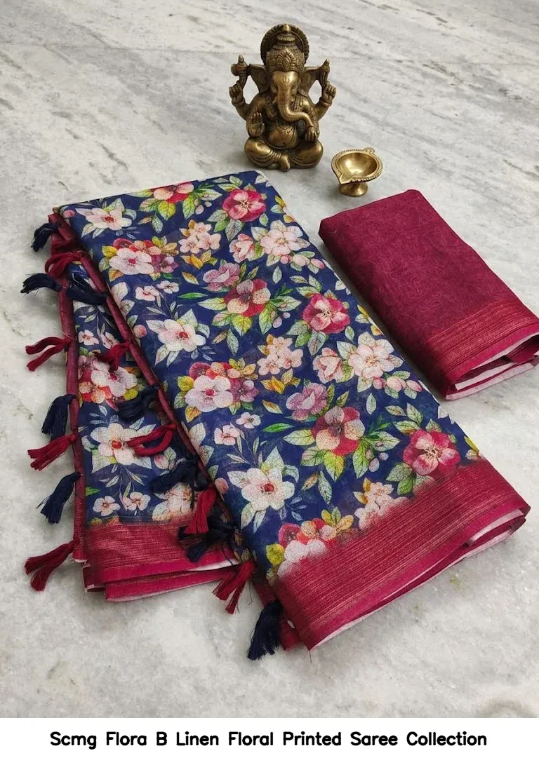 Scmg Flora B Linen Floral Printed Saree Collection - Image 2