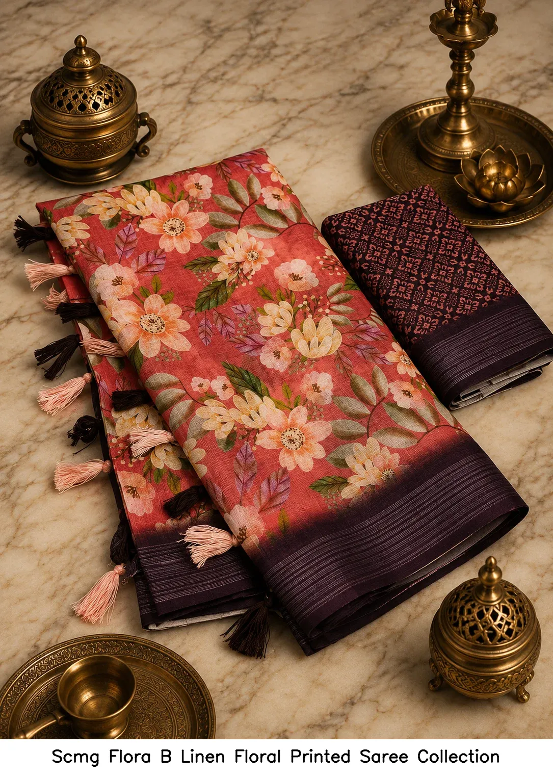 Scmg Flora B Linen Floral Printed Saree Collection - Image 4