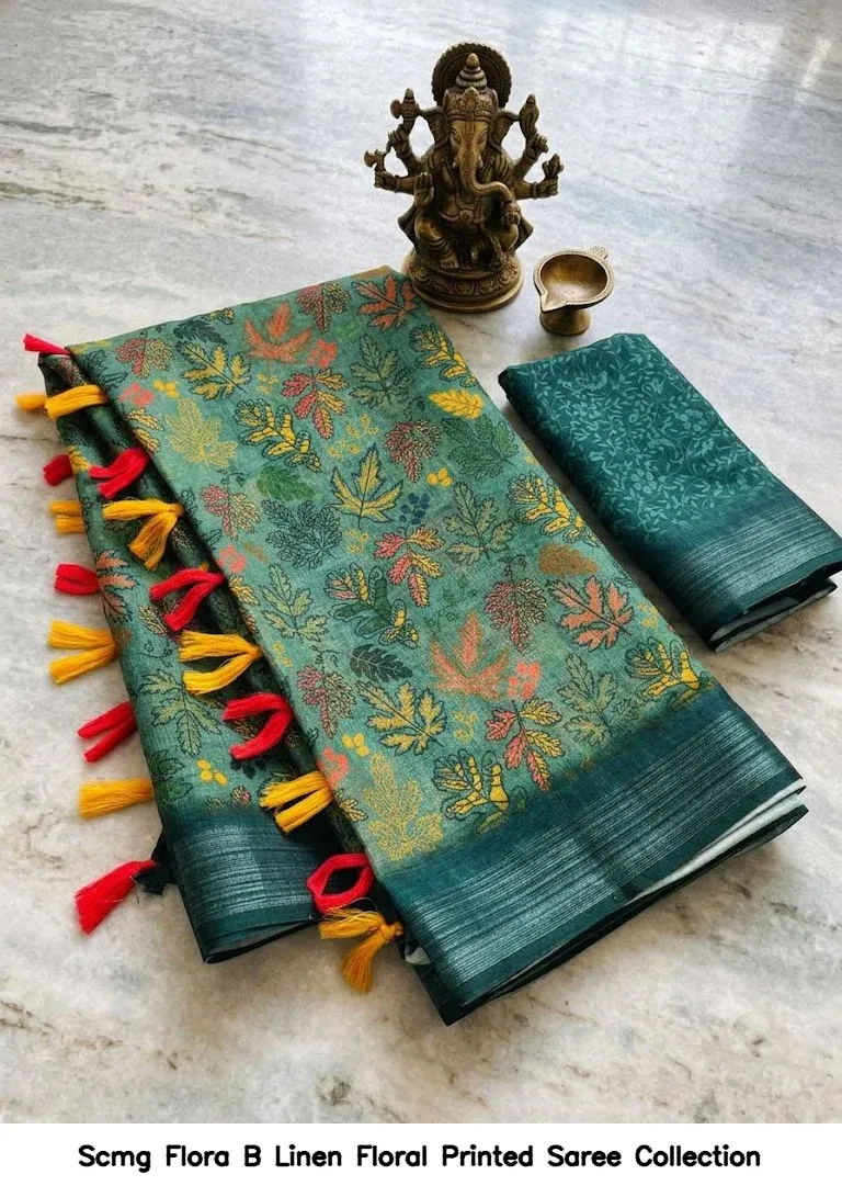 Scmg Flora B Linen Floral Printed Saree Collection - Image 5