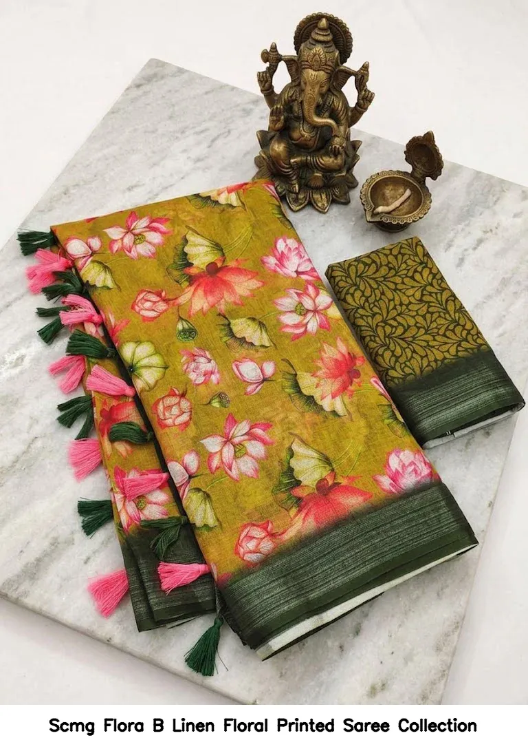 Scmg Flora B Linen Floral Printed Saree Collection - Image 6