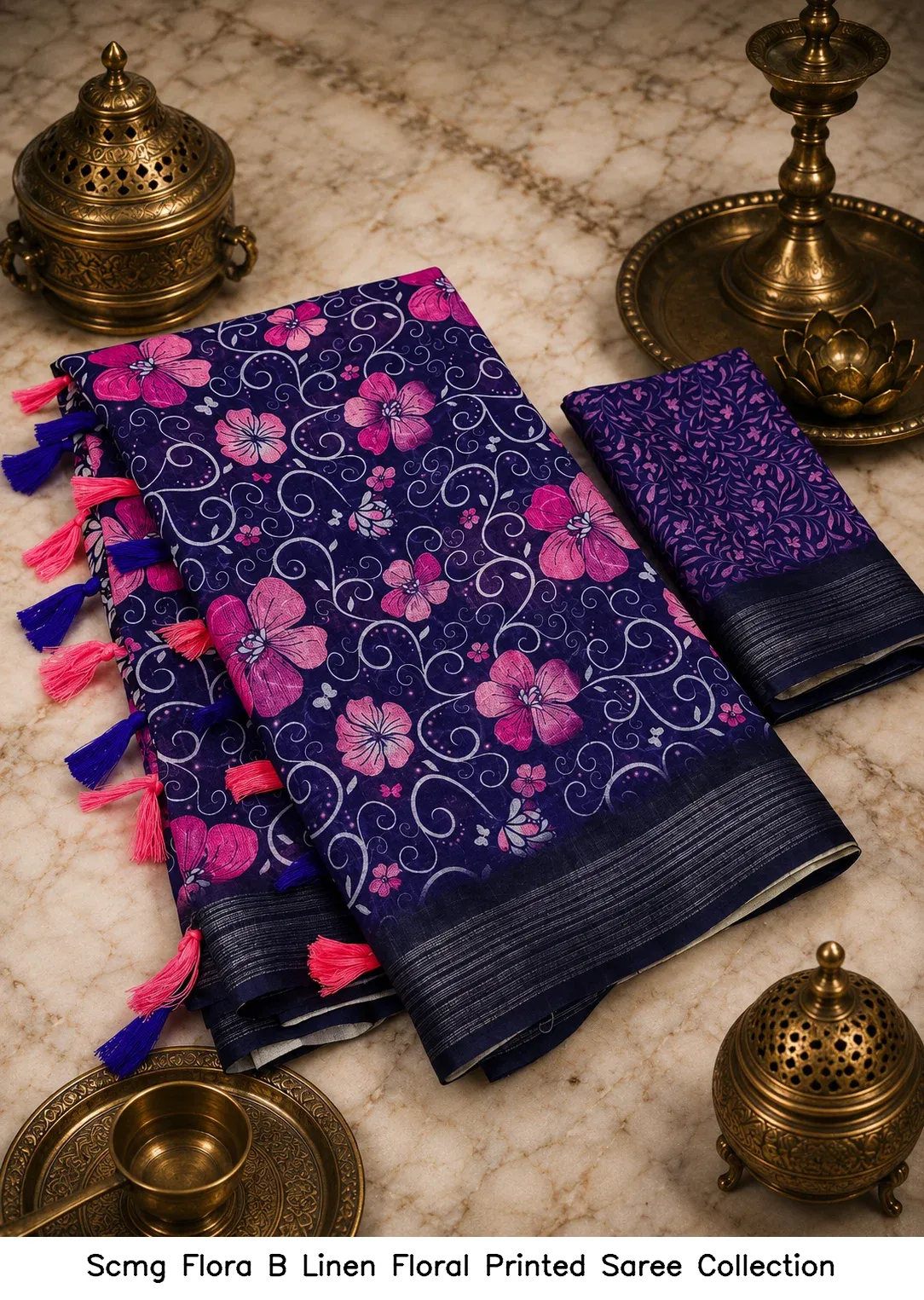 Scmg Flora B Linen Floral Printed Saree Collection - Image 7