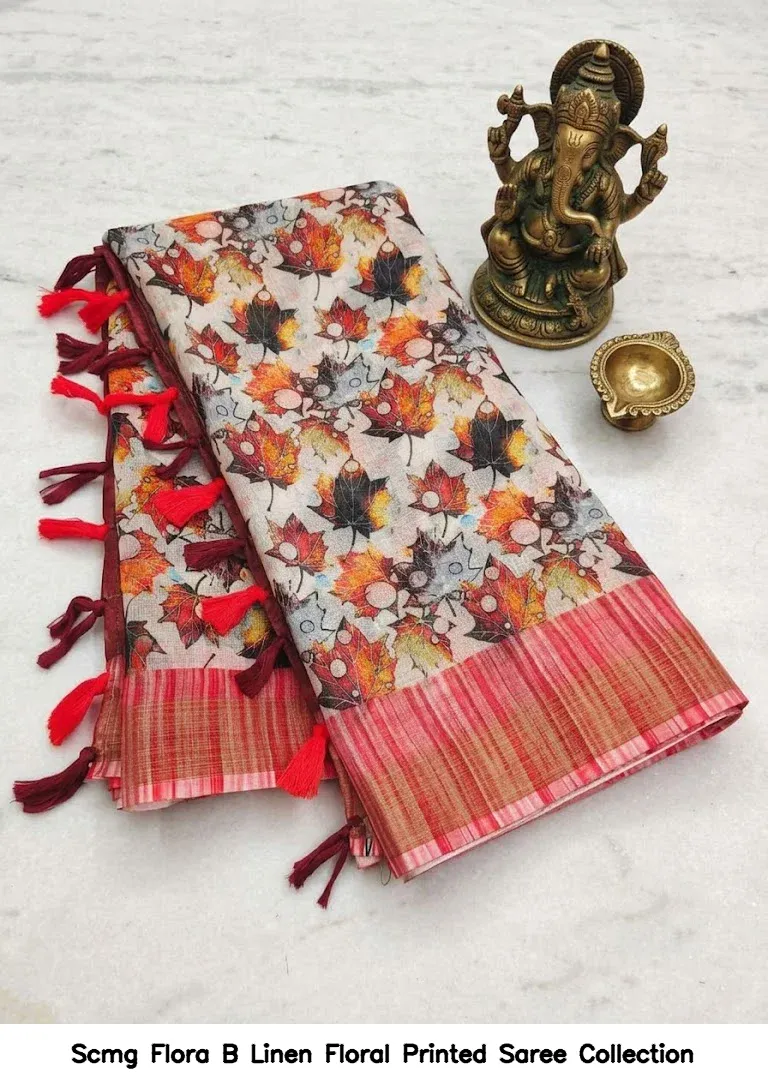 Scmg Flora B Linen Floral Printed Saree Collection - Image 8
