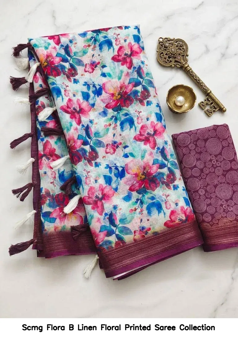 Scmg Flora B Linen Floral Printed Saree Collection - Image 9