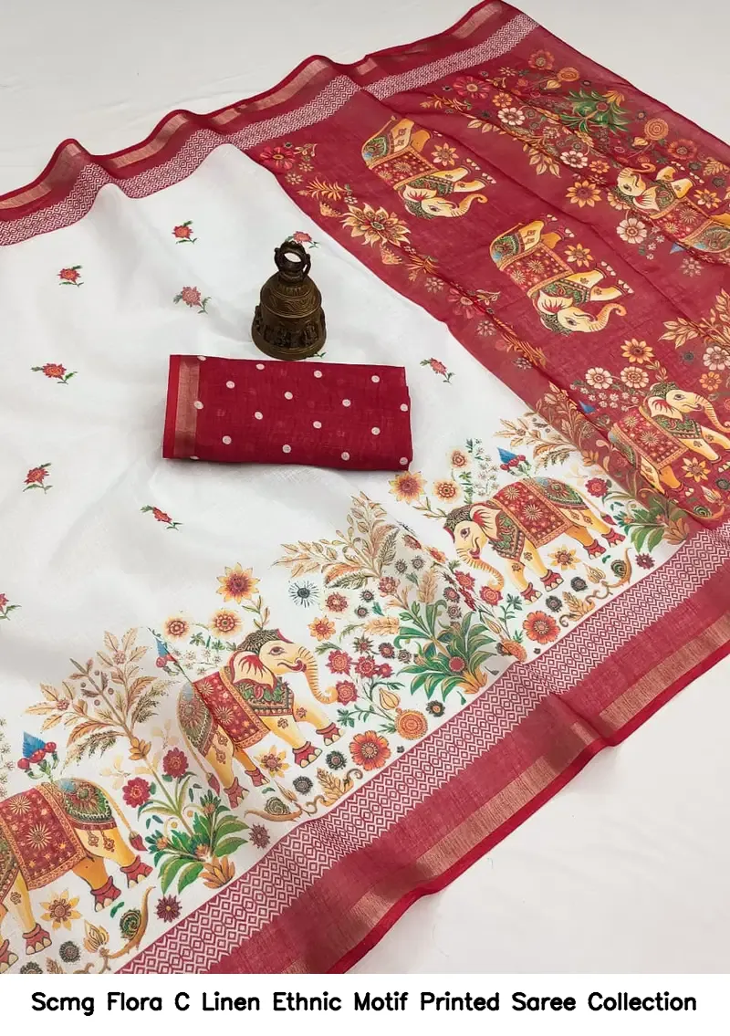 Scmg Flora C Linen Ethnic Motif Printed Saree Collection