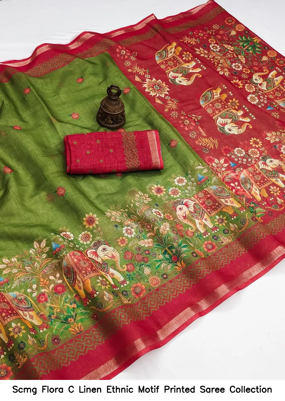 Scmg Flora C Linen Ethnic Motif Printed Saree Collection - Image 3