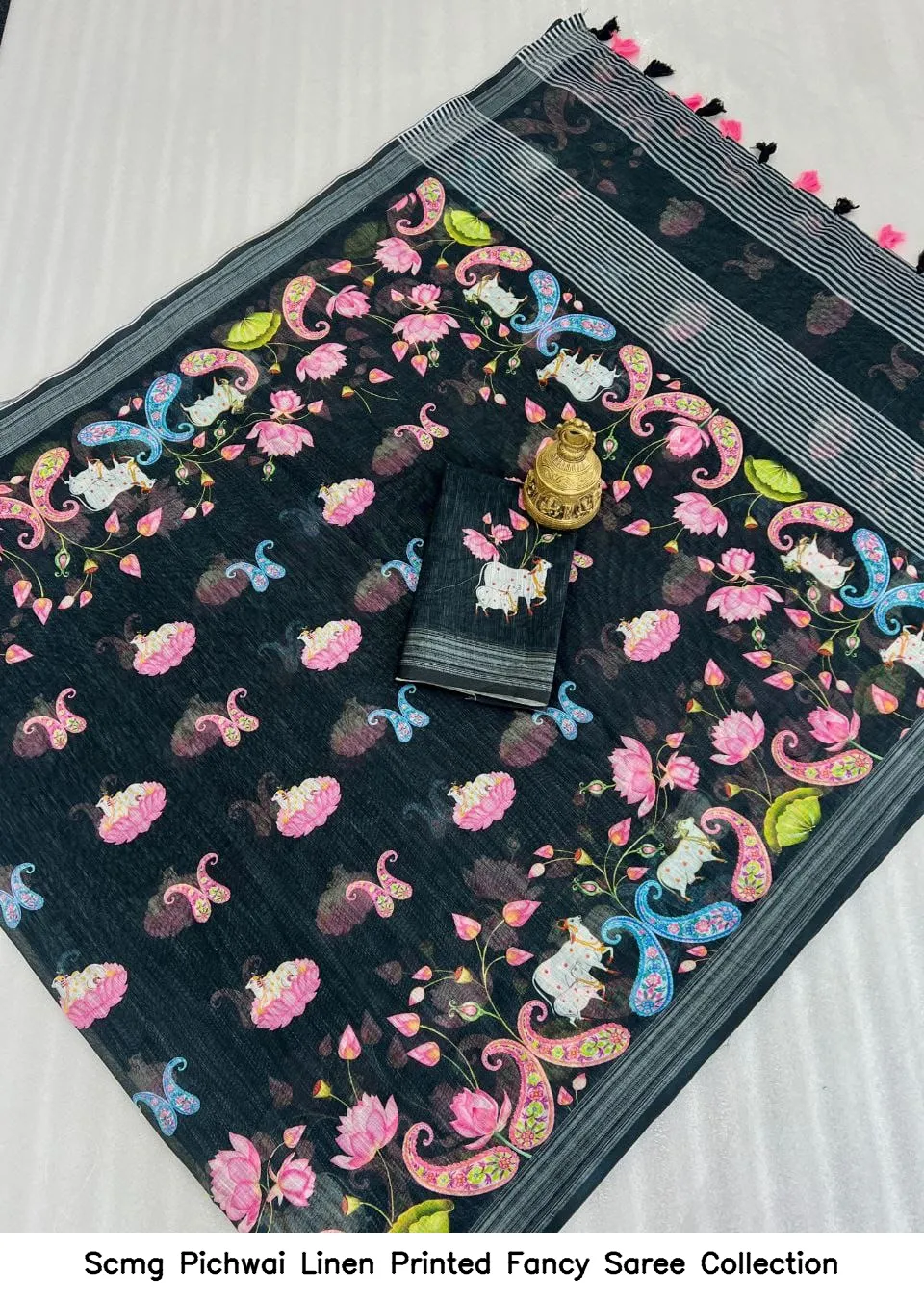 Scmg Pichwai Linen Printed Fancy Saree Collection - Image 3