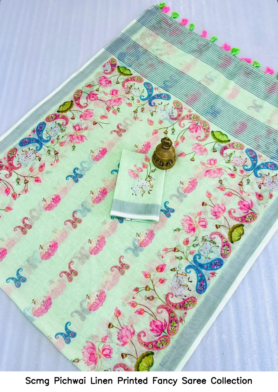 Scmg Pichwai Linen Printed Fancy Saree Collection - Image 5