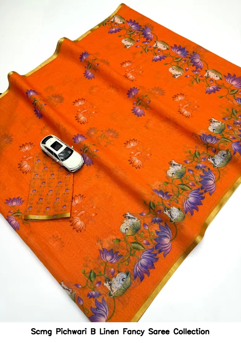 Scmg Pichwari B Linen Fancy Saree Collection - Image 3