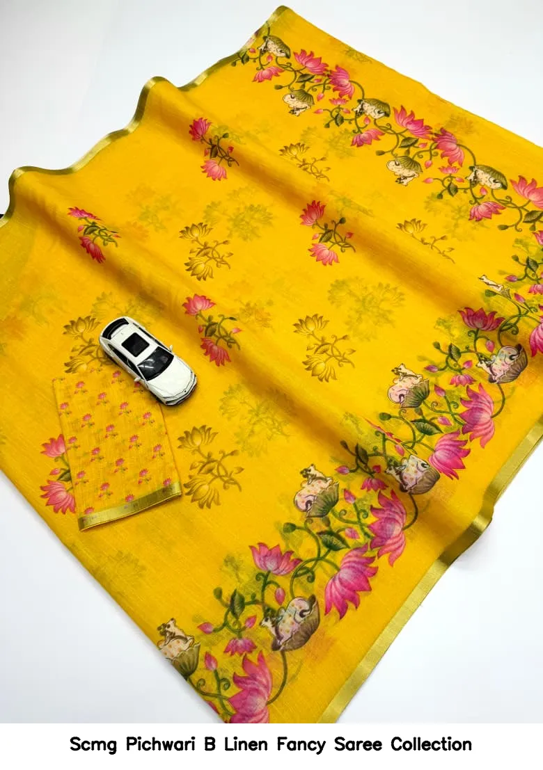 Scmg Pichwari B Linen Fancy Saree Collection - Image 5