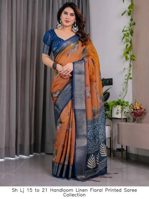 Sh Lj 15 to 21 Handloom Linen Floral Printed Saree Collection