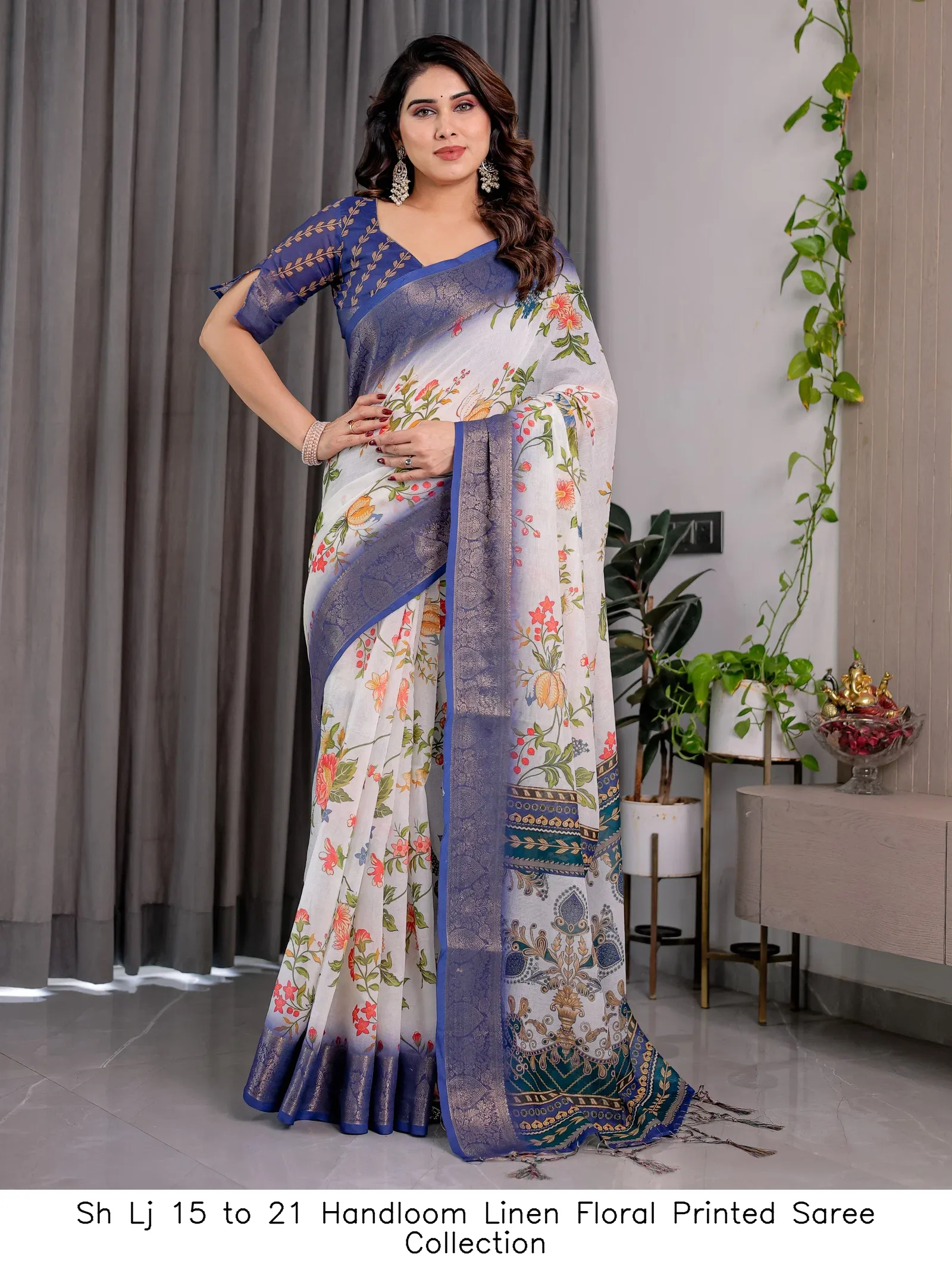Sh Lj 15 to 21 Handloom Linen Floral Printed Saree Collection - Image 2