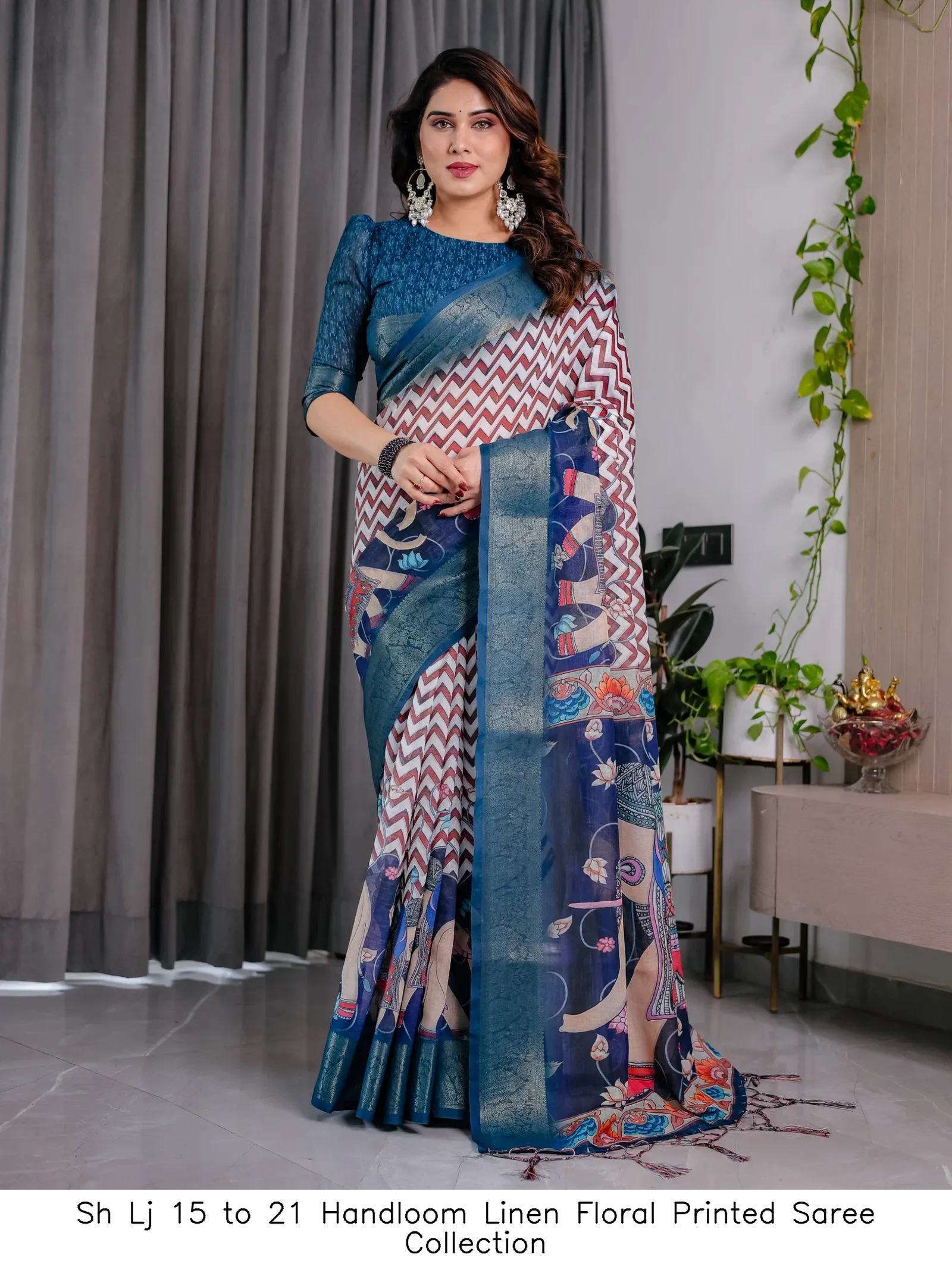 Sh Lj 15 to 21 Handloom Linen Floral Printed Saree Collection - Image 3