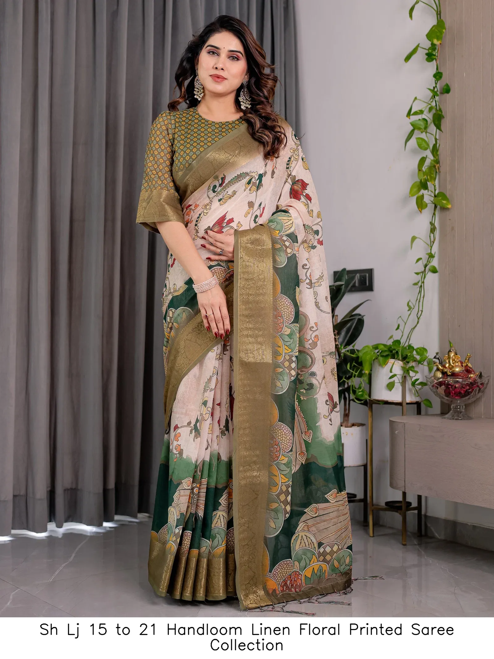 Sh Lj 15 to 21 Handloom Linen Floral Printed Saree Collection - Image 7
