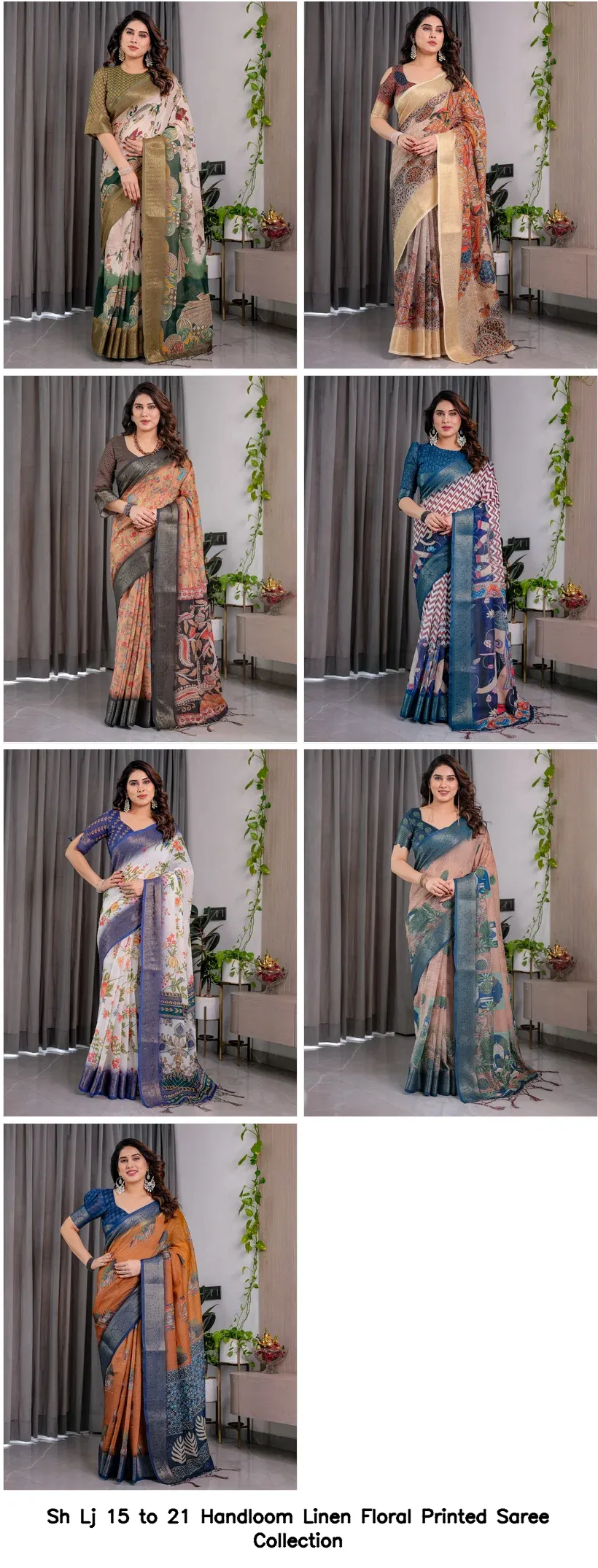 Sh Lj 15 to 21 Handloom Linen Floral Printed Saree Collection - Image 9