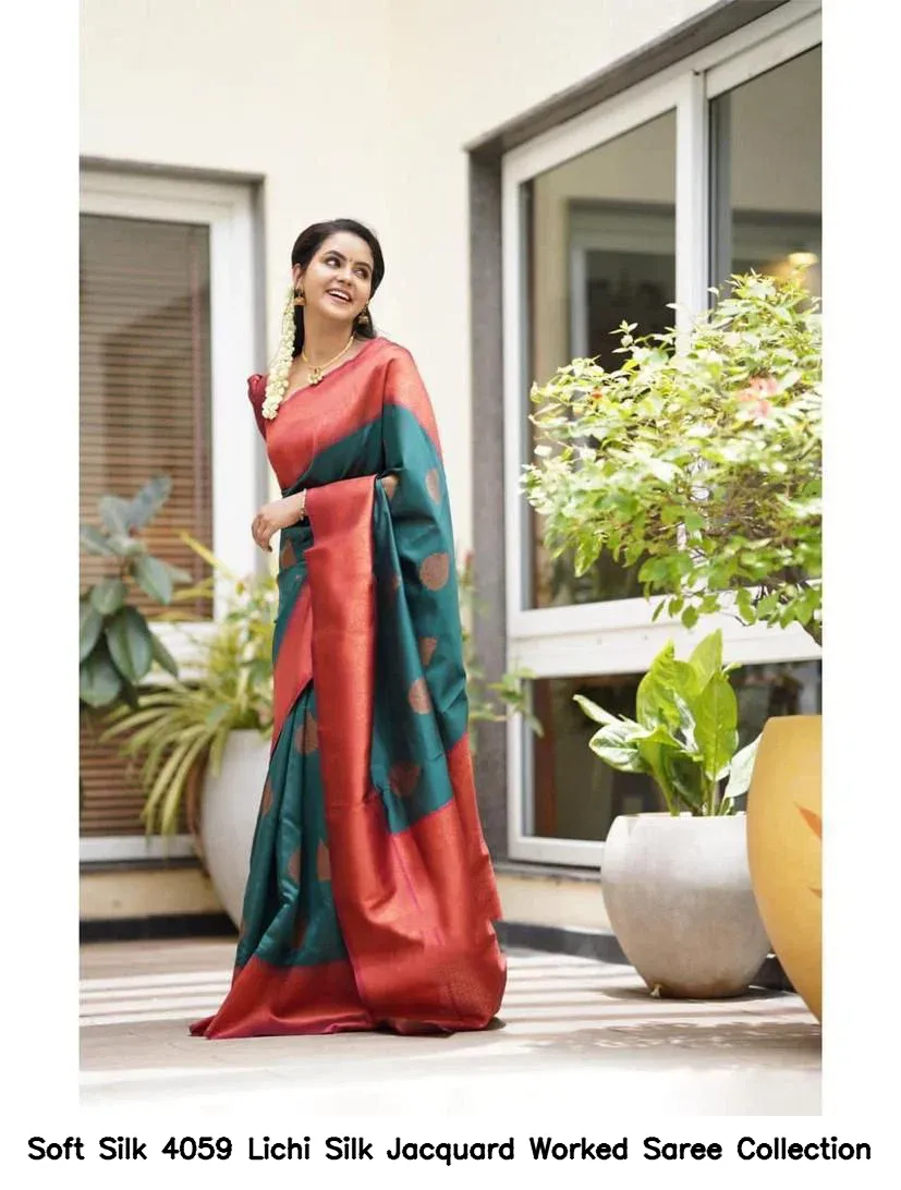 Soft Silk 4059 Lichi Silk Jacquard Worked Saree Collection - Image 2