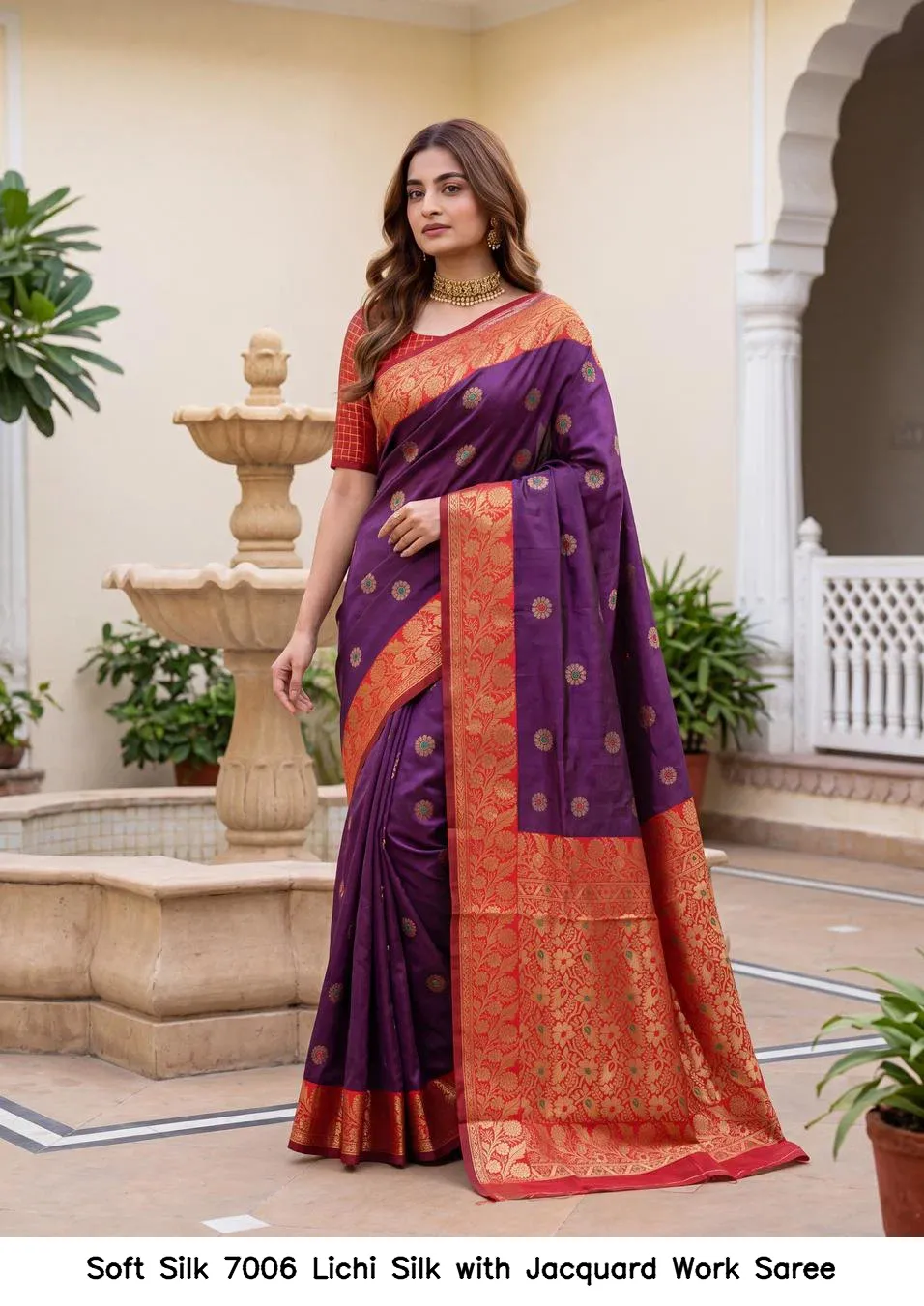 Soft Silk 7006 Lichi Silk with Jacquard Work Saree - Image 6