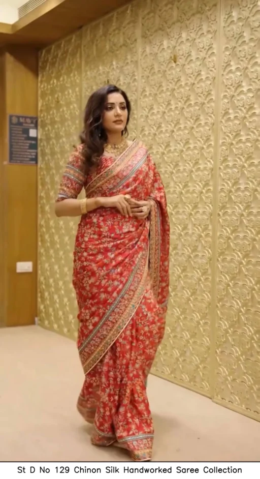 St D No 129 Chinon Silk Handworked Saree Collection