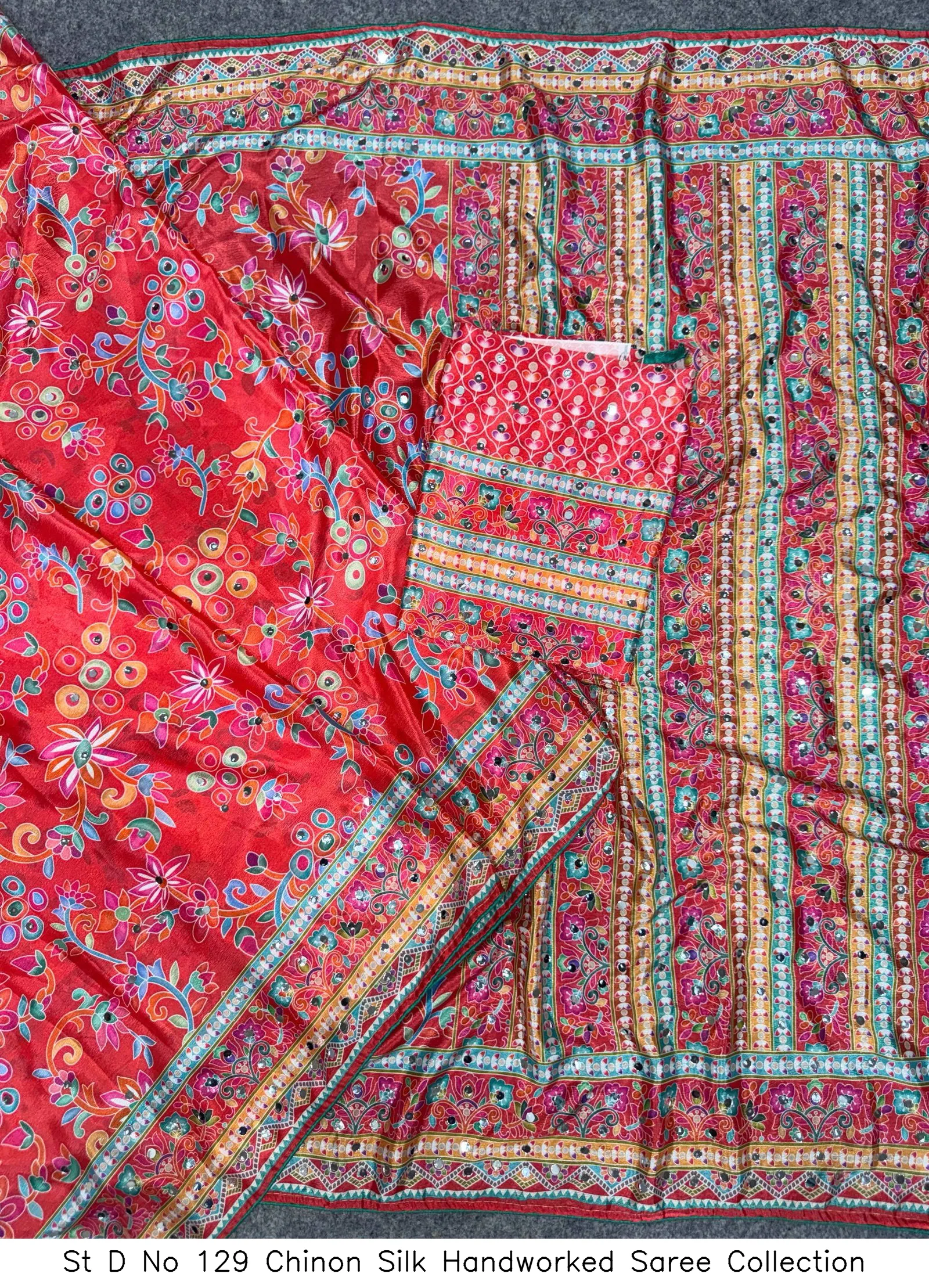St D No 129 Chinon Silk Handworked Saree Collection - Image 2