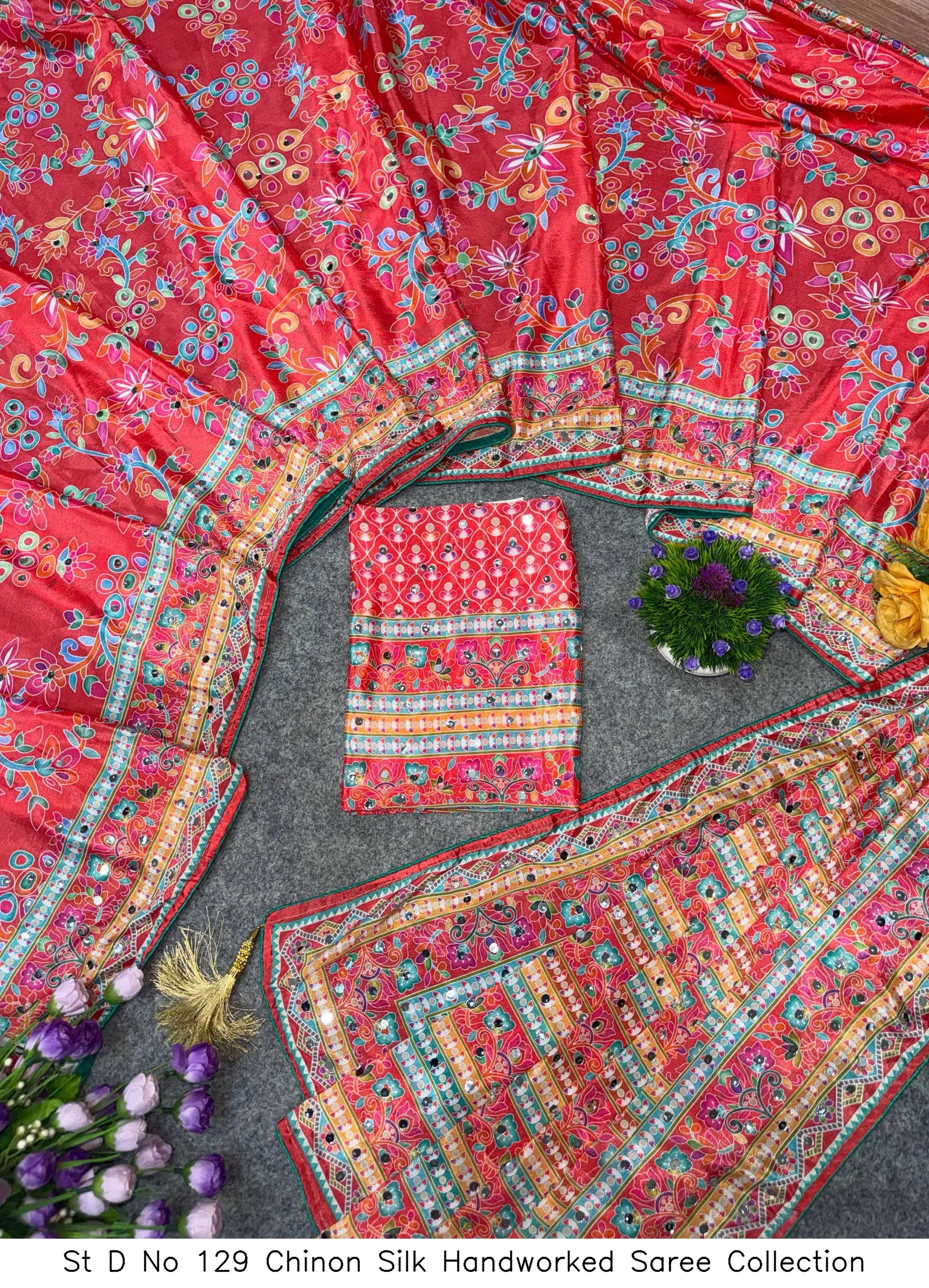 St D No 129 Chinon Silk Handworked Saree Collection - Image 3