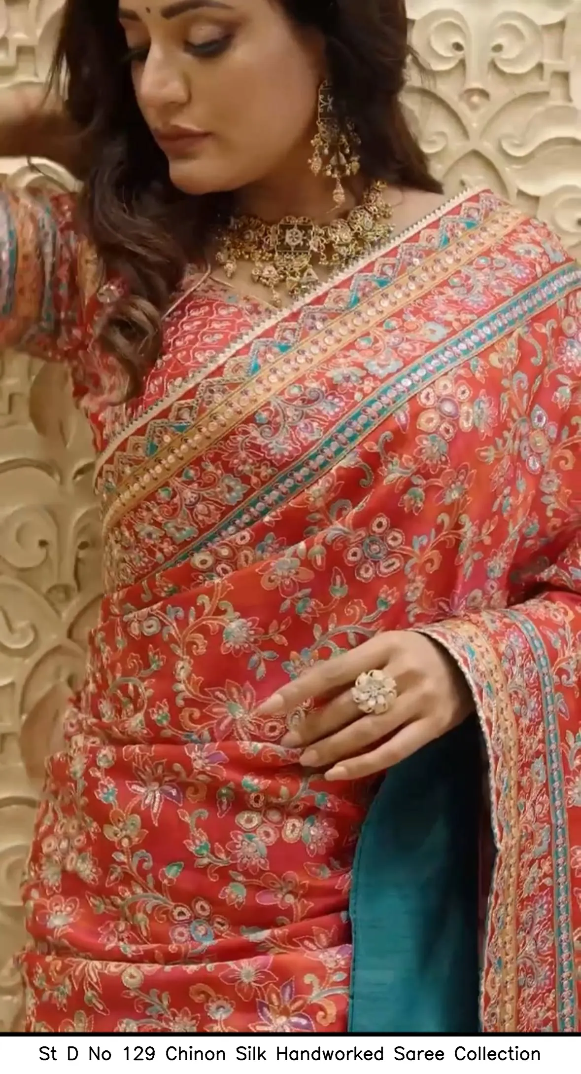 St D No 129 Chinon Silk Handworked Saree Collection - Image 4
