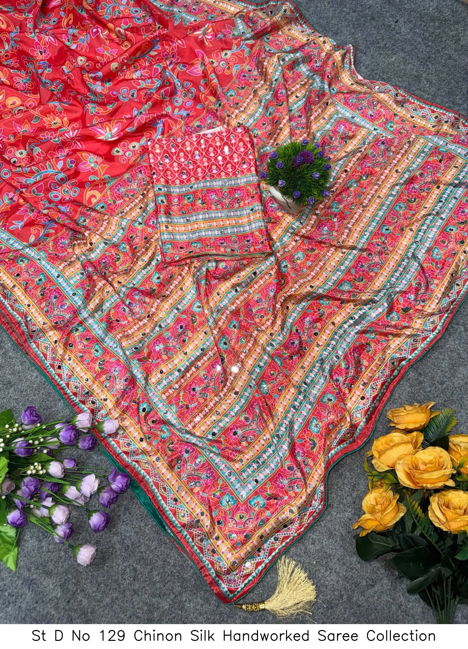 St D No 129 Chinon Silk Handworked Saree Collection - Image 5